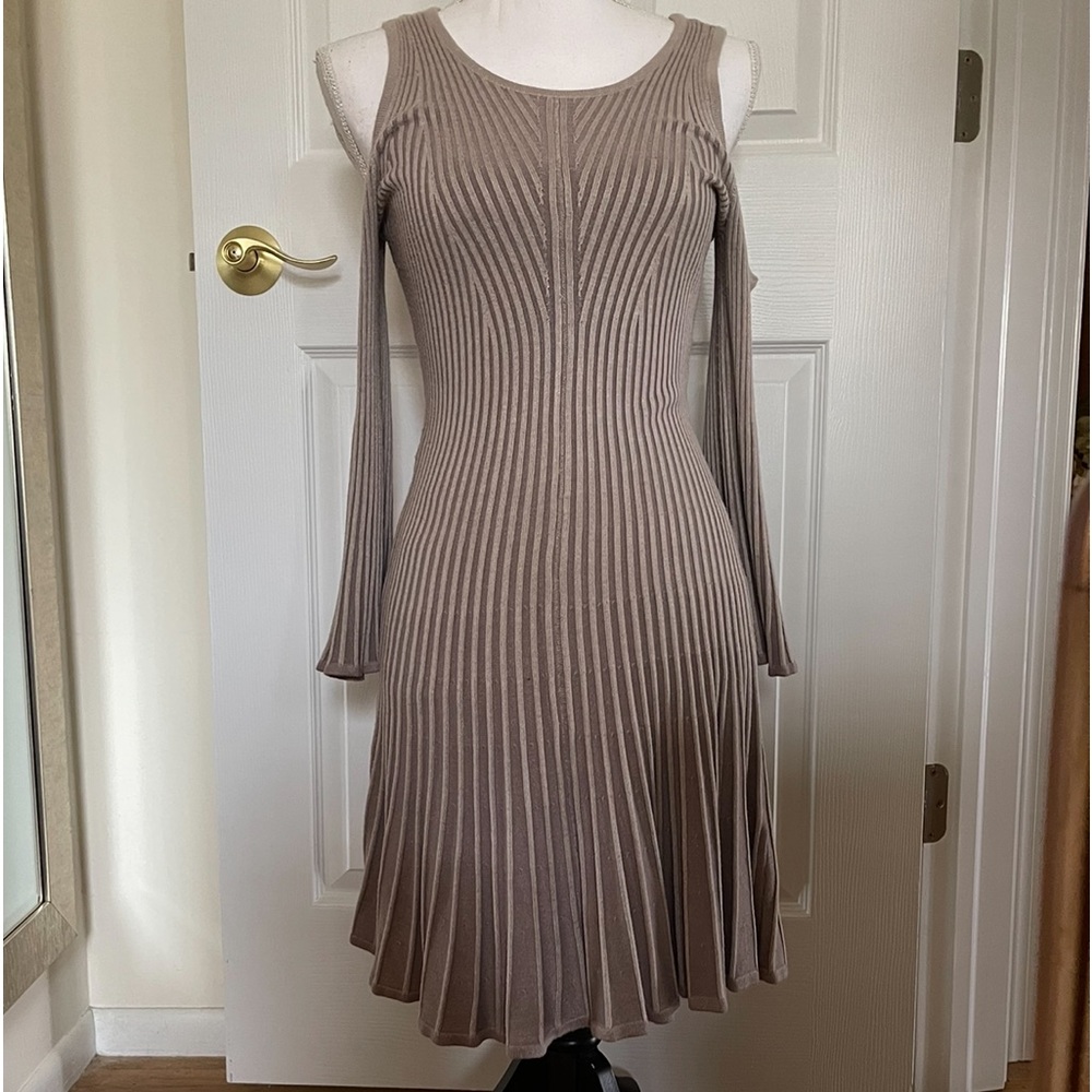 Express Cold Shoulder Fit and Flare Ribbed Knit Mini Sweater Dress